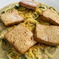 cheesy zucchini noodles  at Samsara's Garden in San Marcos La Laguna