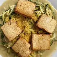 cheesy zucchini noodles  at Samsara's Garden in San Marcos La Laguna