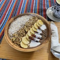 Cacao & carob smoothie bowl  at Samsara's Garden in San Marcos La Laguna