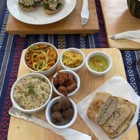 Lunch/dinner plate & pesto toast  at Samsara's Garden in San Marcos La Laguna