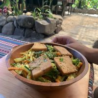 Wok bowl with tofu  at Samsara's Garden in San Marcos La Laguna