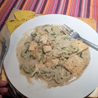 Cheesy zucchini noodles at Samsara's Garden in San Marcos La Laguna