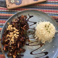 Lao Tzu with tempeh and basmati rice  at Samsara's Garden in San Marcos La Laguna