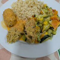 Main plates with soy croquettes, rice, and vegetable medley at El Champinon in Bogota