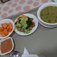 Papaya, salad, soup, guava dessert at El Champinon in Bogota