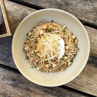 PETER'S PORRIDGE
Oat and chia porridge,
coconut yoghurt, pear
compote, cardamom
macadamia dukkah,
lemon thyme (ve) at Peter Rabbit in Adelaide