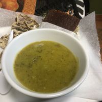 Broccoli soup, onion rings, “tuna” sandwich  at The Garden Kitchen in Houston