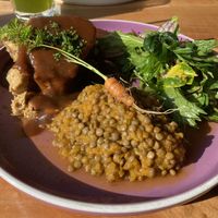 Seitan with demi glace dauce and lentil/pumpkin stew   at Macerado in Algarrobo