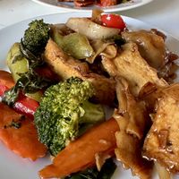 Vegan (VR) Pad Kee Mao with fried tofuu  at Thai Maison in Bellingham