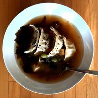Miso soup with gyoza dumplings at Poké Bistro in Bratislava
