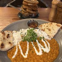 Lentil Dahl and Onion Rings. Tasted great.  at Yorkshire Bridge Inn in Hope Valley