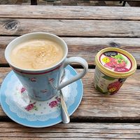 Coffee with rice milk and Stork vegan ice cream at Eko hiša Na razpotju in Logarska Dolina