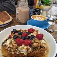 Vegan french toast with vanilla soy yogurt and homemade granola at Dreamy Goat Coffee Co. in Inverurie