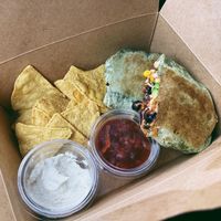 Mexican Burger Wrap with chips, salsa, and sour cream. at Dreamy Goat Coffee Co. in Inverurie