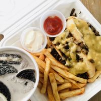 Philly Cheesesteak Sliders with fries and oreo shake  at Philly Vegan in Richmond