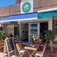 The outdoor seating  at Ahimsa in Mallorca