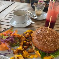 Lentil and beetroot burger  at Ahimsa in Mallorca