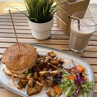 Plant based “meat” burger + iced chai latte with oat milk  at Ahimsa in Mallorca