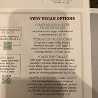 vegan section of menu  at Turning Point in Marlton