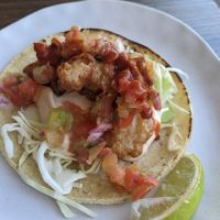 Vegan Baja California Taco with battered vegan prawns at Freshie Mex in Freshwater