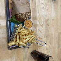 Burger with fries. and vegan dip  at Barot's in Jaervenpaeae