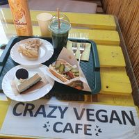 Hot dog, oreo cake and Napoleon cake at Veggie Bar in Minsk