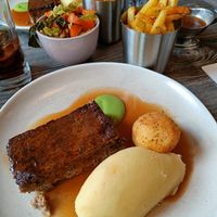 Nut roast with pea puree, mashed and roasted potatoes at Castle Bistro in Londonderry