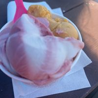 Raspberry/lemon and mango/carrot Italian ice cream  at Miners Pasties and IceCream in Munising