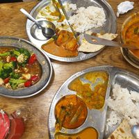 Tofu curry, broccoli and nan plates at Gandhi's Vegetarian Restaurant in Kuala Lumpur