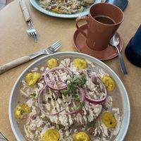 Enfrijolada and pasta   at Coco y El Alacrán Café in Puebla