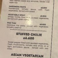 The whole vegan section of the menu  at Vista Verde Restaurant in Quepos