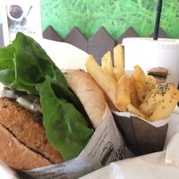creamy mushroom crispy burger and fries at VEGANBURG - Eunos Flagship Outlet in East Singapore