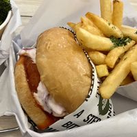 Chickn buffalo burger and fries   at VEGANBURG - Eunos Flagship Outlet in East Singapore