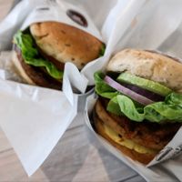 satay burger ( right ) and BBQ burger (left) at VEGANBURG - Eunos Flagship Outlet in East Singapore