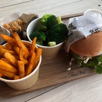 Chili Krab burger with curry fries, broccoli, shroom pop at VEGANBURG - Eunos Flagship Outlet in East Singapore
