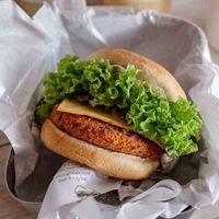 Creamy mushroom burger with a crispy patty
 at VEGANBURG - Eunos Flagship Outlet in East Singapore