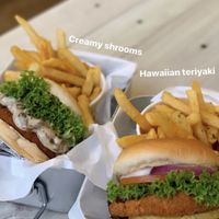 creamy shrooms and hawaiian teriyaki  at VEGANBURG - Eunos Flagship Outlet in East Singapore