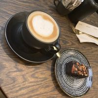 GF & VE pecan brownie and oat latte  at Java Whiskers in London