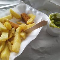 Fishless fingers with chips & mushy peas at Barnacles in Llandudno