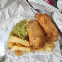 Vegan battered sausage and chips at Barnacles in Llandudno