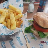 Spicy bean burger and chips at Barnacles in Llandudno