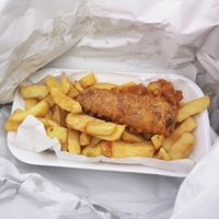 Vegan battered sausage and chips at Barnacles in Llandudno