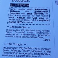 Menu at Backwood Burger in Bad Sachsa
