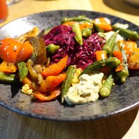 Vegan Bowl with okra, roasted aubergine and bell pepper, pickled red cabbage, bulgur and hummus. at Backwood Burger in Bad Sachsa
