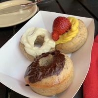 Vanilla, chocolate, and super vanilla vegan donuts! at Sara's Donut Story in Flower Mound