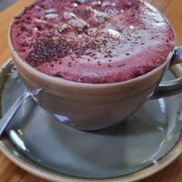 Red velvet hot chocolate with marshmellows at Ground Plant Based Coffee in Swansea