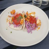 SMOKED TOFU TACO, tomato and roast pepper salsa, Mexican style slaw at The Churchill Tree in Alderley Edge