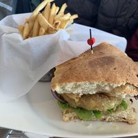 Vegan burger with house made bread at Black Beach in Myrdalshreppur