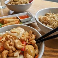 Cashew tofu with fried rice, spring rolls, and noodles. at 288 Bar & Wok in Cheltenham