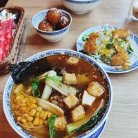 Ramen, seitan balls, shrimps and udon at La Vegana in Warsaw